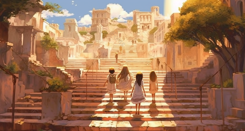 黄昏日落走在台阶上的人物背影插画图,插画/手绘图,插画/手绘图库,插画/手绘图下载,插画/手绘